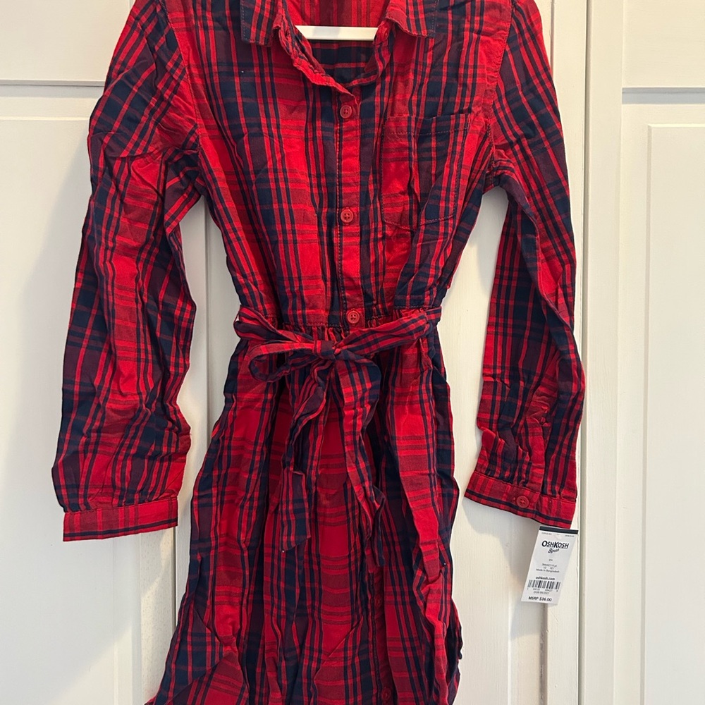 OshKosh B'gosh Red and Navy Plaid Tie-Waist Shirt Dress
